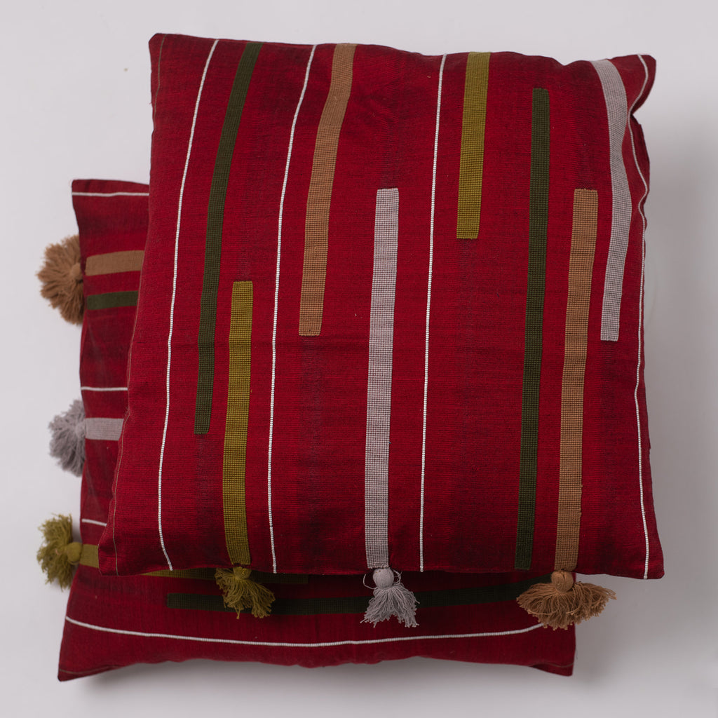 Cushion Cover with Tussles 18" x 18" - Dark Red & Olive Green