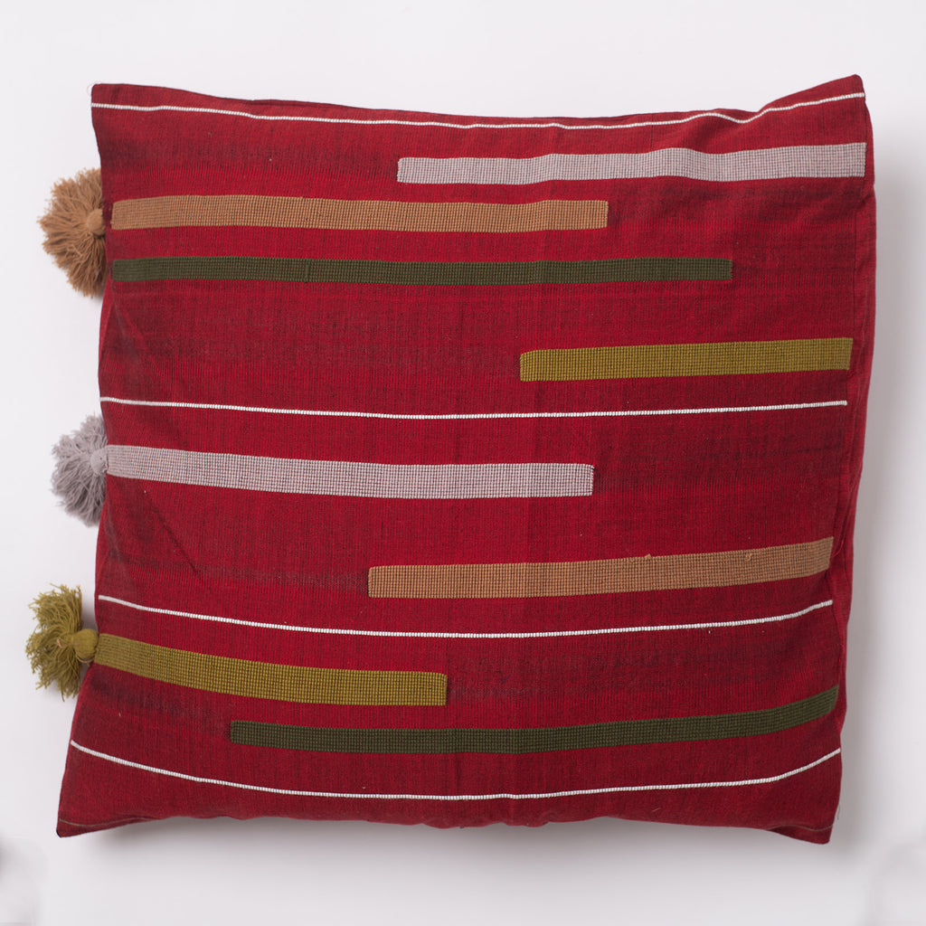 Cushion Cover with Tussles 18" x 18" - Dark Red & Olive Green