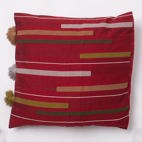 Cushion Cover with Tussles 18" x 18" - Dark Red & Olive Green