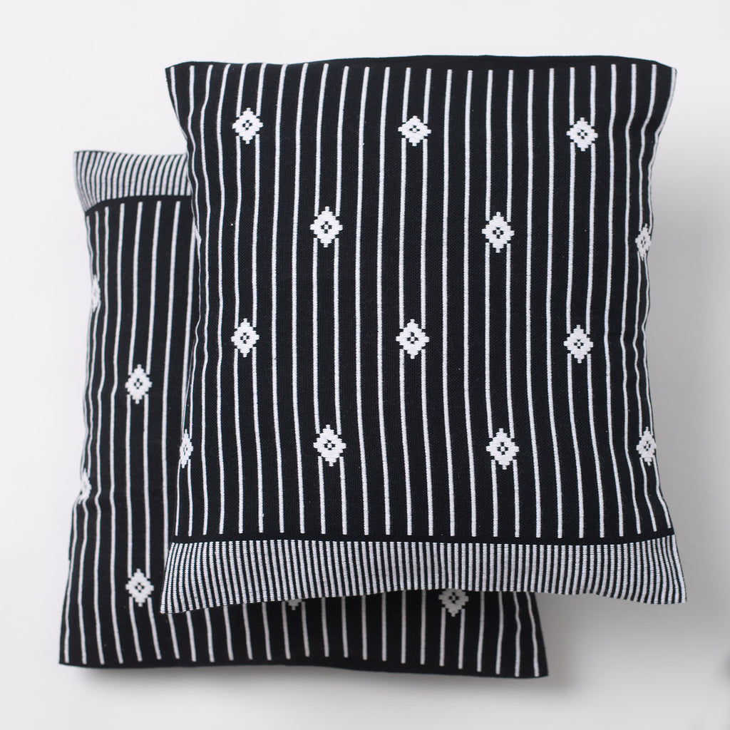 Dumbara Cushion Cover 16" x 16" - Black & White Stripes with Diamonds