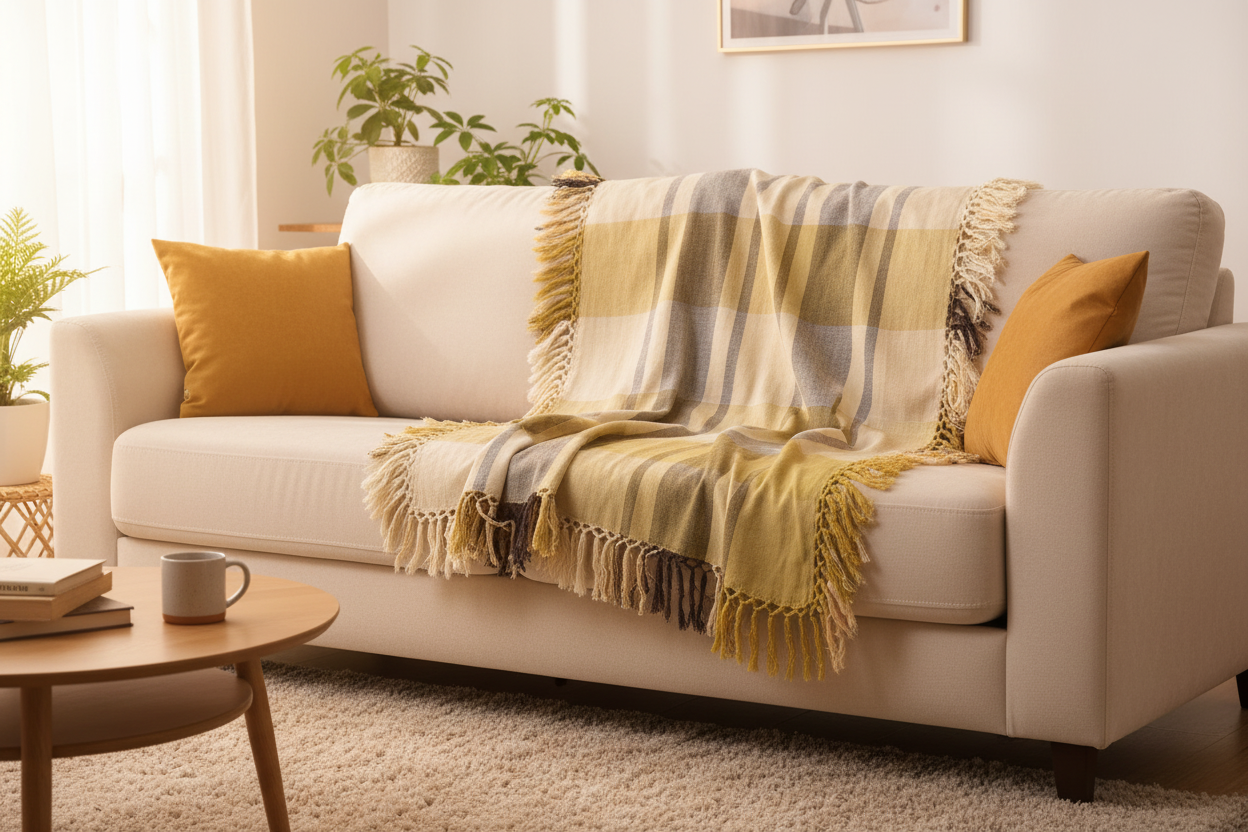 Throw Blanket -  Cream & Beige With Tassels