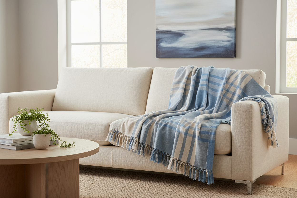 Throw Blanket - Blue & Cream With Tassels
