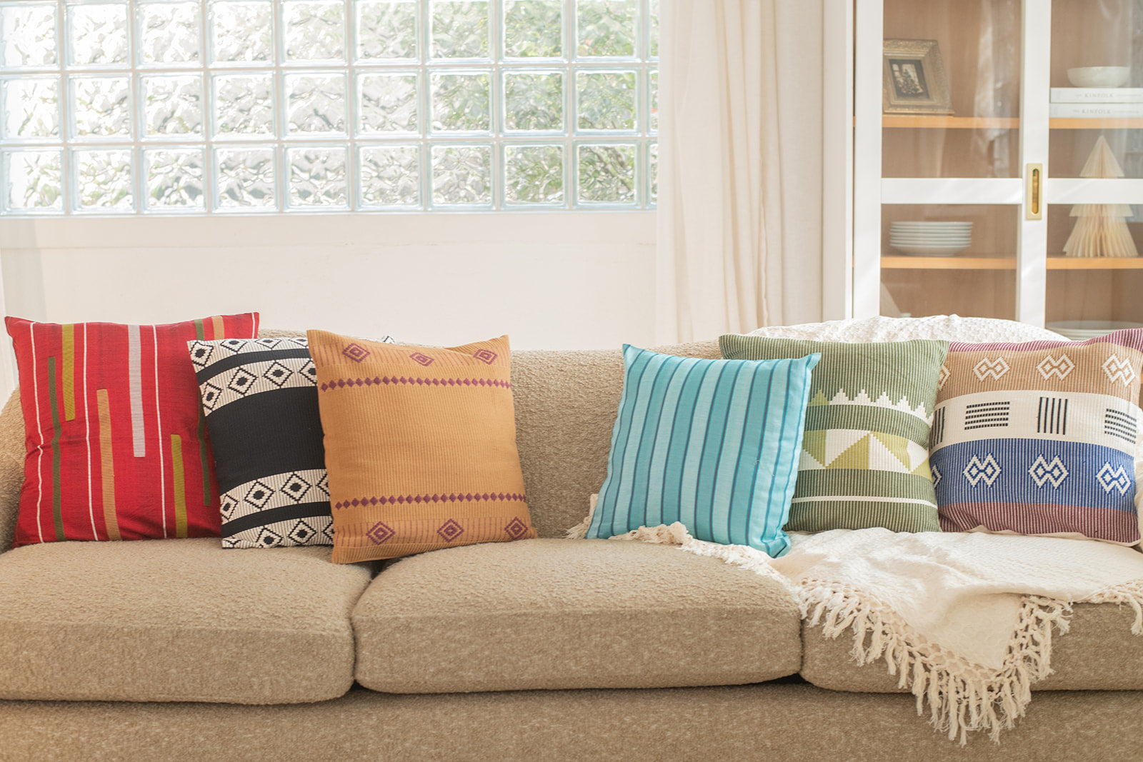 Cushion Cover with Tussles 18" x 18" - Dark Red & Olive Green