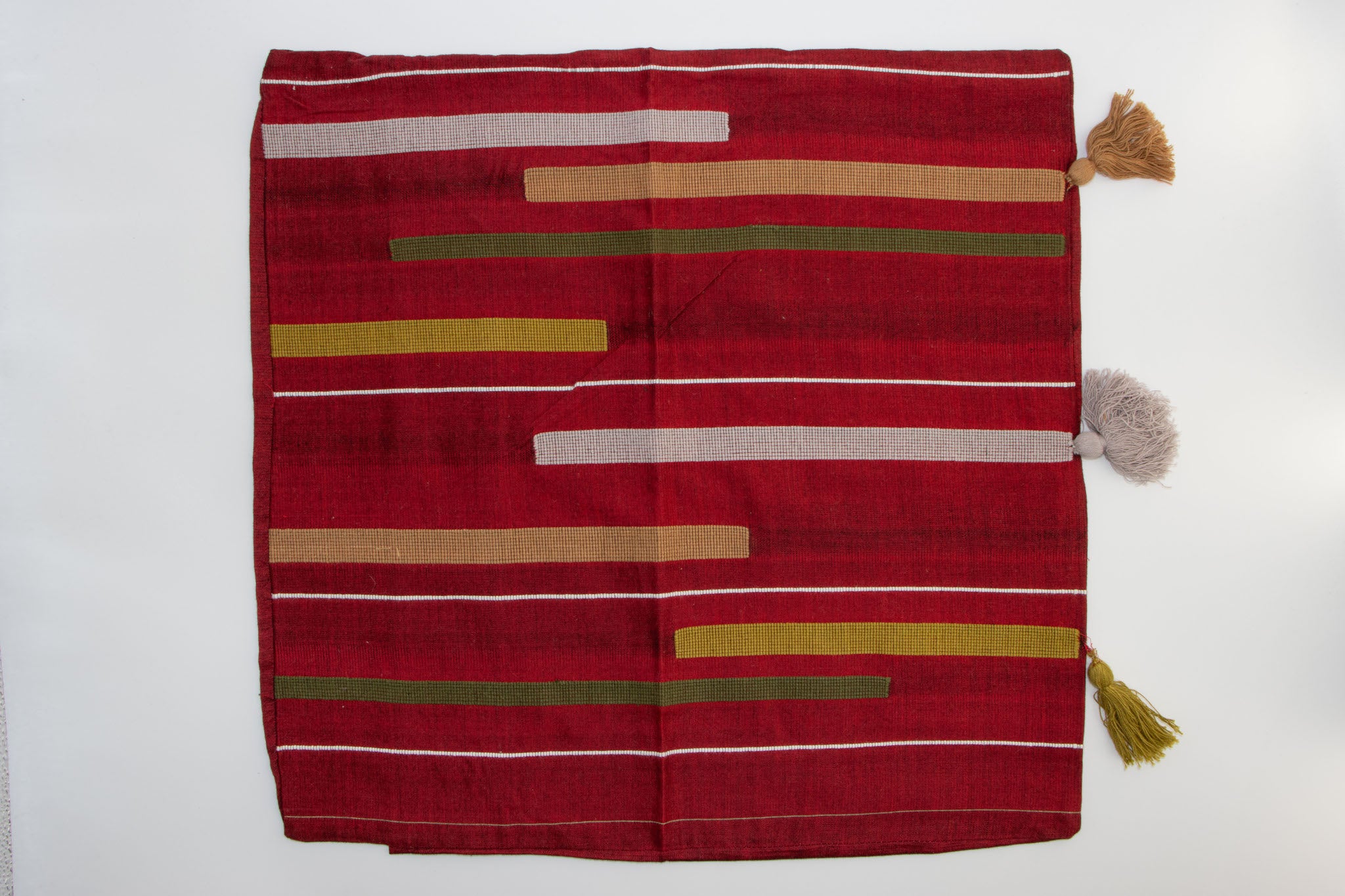 Cushion Cover with Tussles 18" x 18" - Dark Red & Olive Green