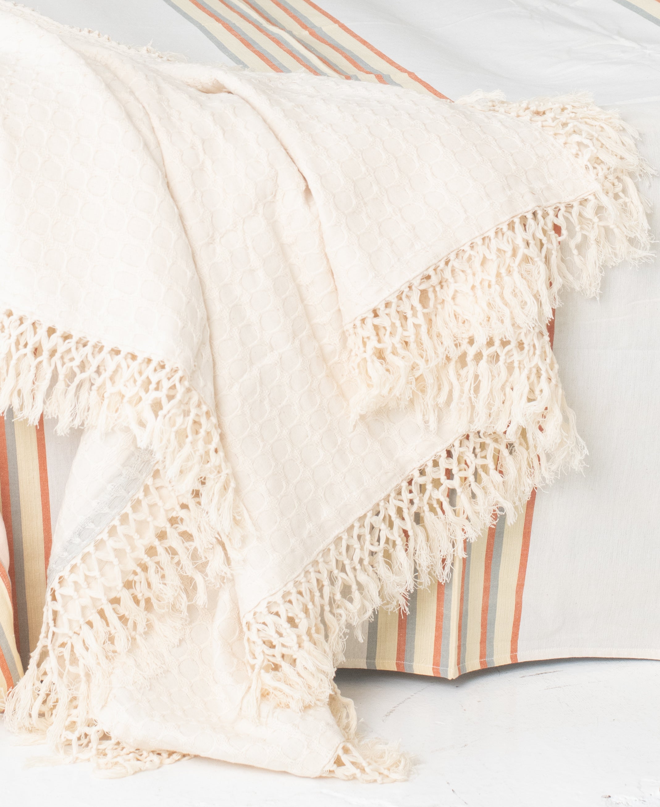 100% Natural Cotton, Hand-Loomed Throw Blanket - Textured With Tassels